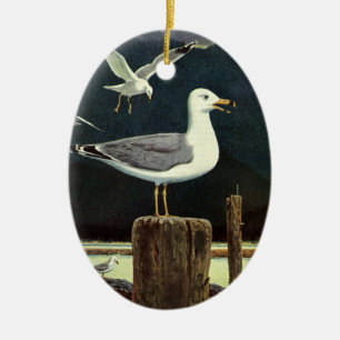 Ornamento De Cerâmica Gaivota Antiga Empoleirada no Pier, Aves Marinhas 