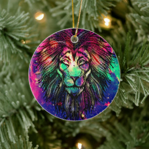Ornamento De Cerâmica Galáxia do Hipster Rainbow Lion