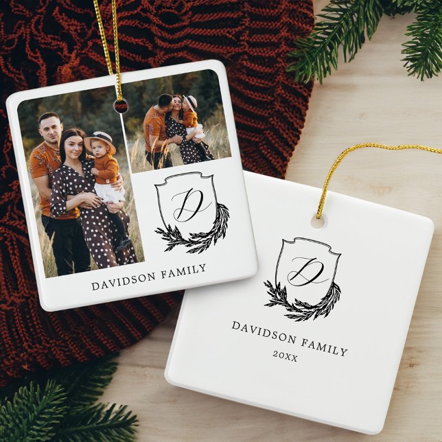 Ornamento De Cerâmica Galeria de Fotografias da Família Garland Wreath M (Garland Wreath Monogram Family Photo Gallery Black Ceramic Ornament)