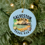 Ornamento De Cerâmica Galveston Beach Retro Vignette<br><div class="desc">Encantador ornamento de férias redondo,  com uma vinheta retrorada da praia Galveston,  frente de água TX. Adicione uma mensagem especial da sua parte no verso. Disponível em várias roupas e acessórios.</div>