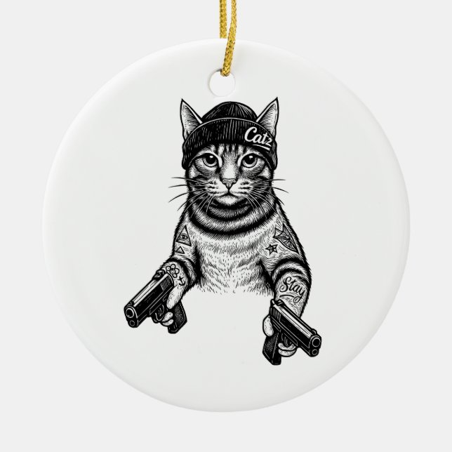 Ornamento De Cerâmica Gangster Cat Tattoo Art | Cool Streetwear Kitty (Frente)