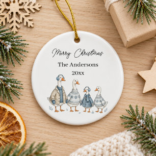 Ornamento De Cerâmica Ganso de Natal Família Azul Aquarela