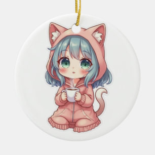 Ornamento De Cerâmica Garota Anime Kawaii Aconchegante com Capuz de Gato