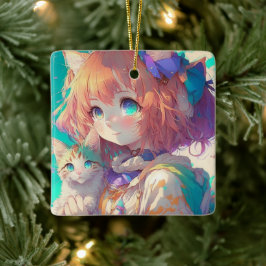 Ornamento De Cerâmica Garota anime segurando um gatinho adorável