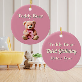 Ornamento De Cerâmica Garota, aniversário de 3 anos, Rosa, Urso de Teddy