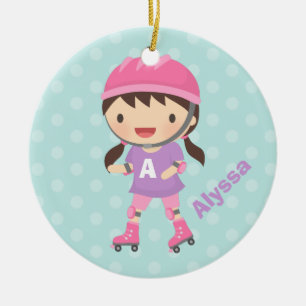 Ornamento De Cerâmica Garota Bonita de Patins em Rosa e Roxo