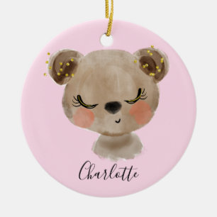 Ornamento De Cerâmica Garota Bonita Pastel Pincelão Rosa Urso Castanho