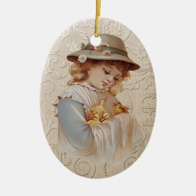Ornamento De Cerâmica Garota com Patos Bebês (Frente)