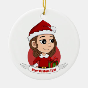 Ornamento De Cerâmica Garota de Natal com cabelo ondulado castanho