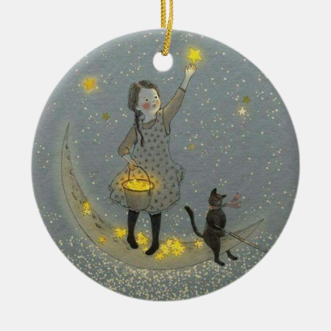Ornamento De Cerâmica Garota e Gato na Lua e Estrelas (Frente)