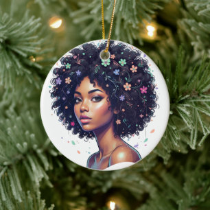 Ornamento De Cerâmica Garota Preta Caprichosa C/ Afro Adornado com Flore