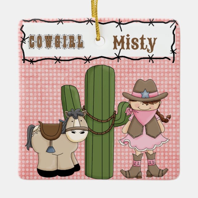 Ornamento De Cerâmica Garota rosa bonito (cabelo castanho) e Pony-2 (Frente)