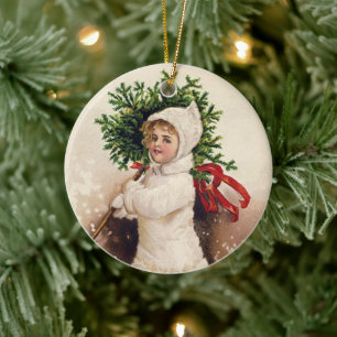 Ornamento De Cerâmica Garota Vintage com Árvore de Natal, Ellen Clapsadd