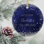 Ornamento De Cerâmica Garotas cintilantes marinho azul-prata de aniversá<br><div class="desc">Um ornamento para um aniversário de 21 ruas (ou qualquer idade) feminino e glamouroso. Um fundo azul marinho com falso brilho prateado,  brilha. A cor azul é irregular. Na frente: Personalize e adicione uma data,  um nome e uma idade.</div>