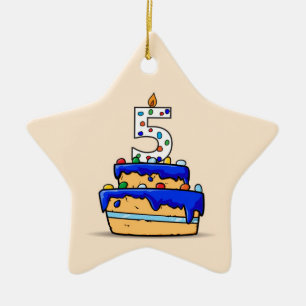 Ornamento De Cerâmica Garoto 5 de aniversário, 5 de bolo azul doce
