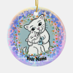 Ornamento De Cerâmica Gata Mãe e Gatinho 