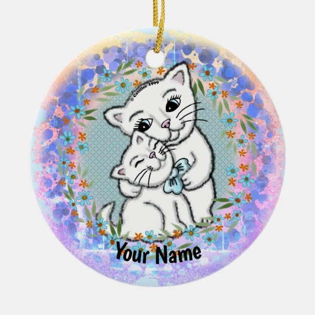 Ornamento De Cerâmica Gata Mãe e Gatinho  (Frente)