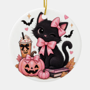Ornamento De Cerâmica Gata Preta Coquete Fofa de Halloween com Laços Ros