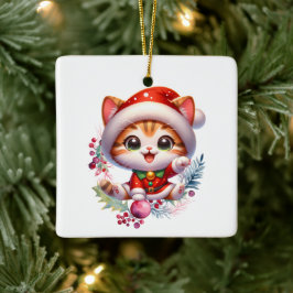 Ornamento De Cerâmica Gatinho bonitinho em Papais noeis Figurino Natal