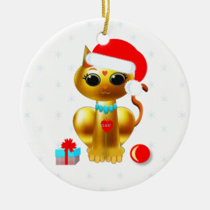 Ornamento De Cerâmica gatinho de desenho animado dourado de Natal