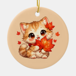 Ornamento De Cerâmica Gatinho de Folha de Bordo de Outono – Fofinho