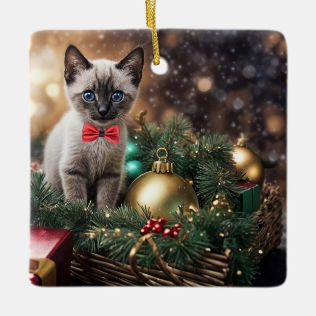 Ornamento De Cerâmica Gatinho de Gato Siamês, Super Feriado de Natal (Frente)