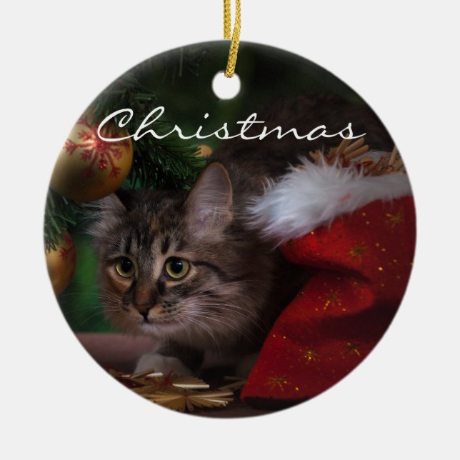 Ornamento De Cerâmica Gatinho de Natal (Frente)