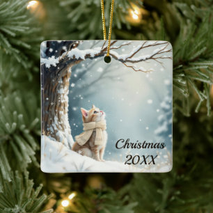 Ornamento De Cerâmica Gatinho de Natal assistindo flocos de neve