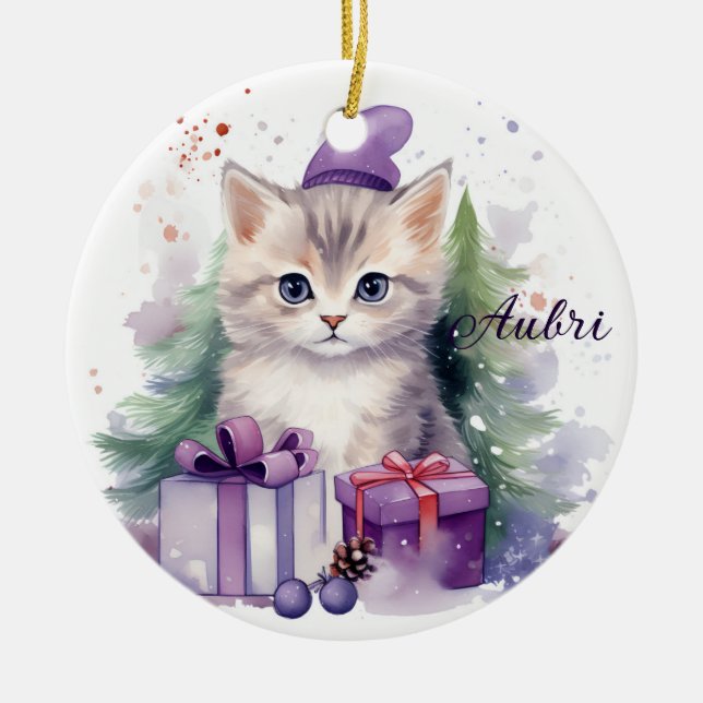 Ornamento De Cerâmica Gatinho de Natal bonito com presentes no Natal (Frente)