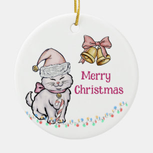 Ornamento De Cerâmica Gatinho de Natal bonito em nome personalizado de S