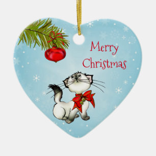 Ornamento De Cerâmica Gatinho De Natal Curioso Com Um Arco Vermelho