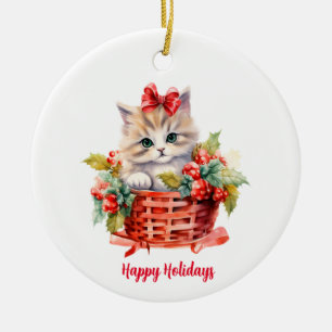 Ornamento De Cerâmica Gatinho de Natal giro em uma cesta