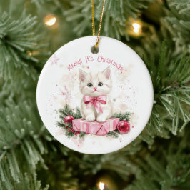 Ornamento De Cerâmica Gatinho de Natal Rosa