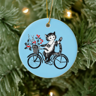 Ornamento De Cerâmica Gatinho De Vintage Que Faz Uma Bicicleta