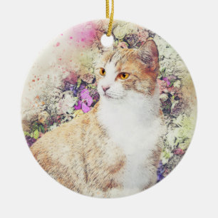 Ornamento De Cerâmica Gatinho do Jardim Flor ABSTRATO Watercolor