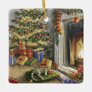 Ornamento De Cerâmica Gatinho Dormindo Pela Árvore De Natal