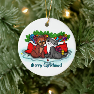 Ornamento De Cerâmica Gatinho e puppy, XMas feliz