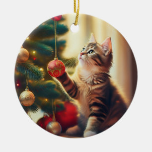 Ornamento De Cerâmica Gatinho Fofo Brincando Com a Bolha de Natal