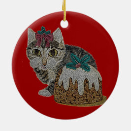 Ornamento De Cerâmica gatinho fofo comendo pudim no natal