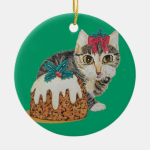 Ornamento De Cerâmica gatinho fofo comendo pudim no natal