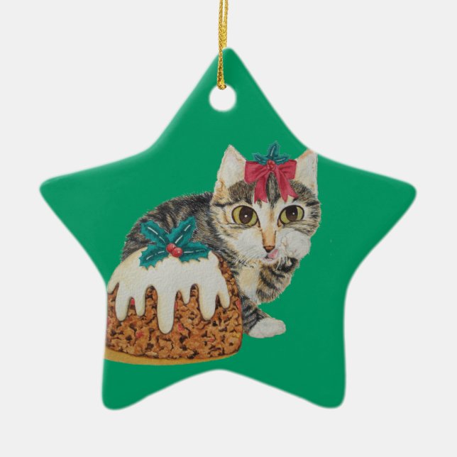 Ornamento De Cerâmica gatinho fofo comendo pudim no natal (Frente)