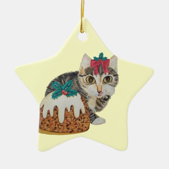 Ornamento De Cerâmica gatinho fofo comendo pudim no natal (Frente)