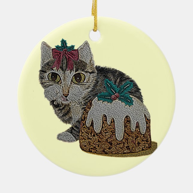 Ornamento De Cerâmica gatinho fofo comendo pudim no natal (Traseira)