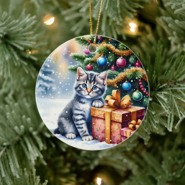 Ornamento De Cerâmica Gatinho Fofo Sob a Árvore de Natal (Árvore)