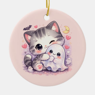 Ornamento De Cerâmica Gatinho Kawaii Abraçando Fantasma