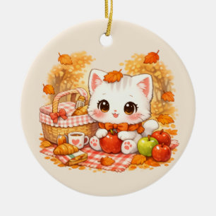 Ornamento De Cerâmica Gatinho Kawaii de Piquenique de Outono – Gato Fofo