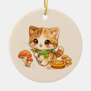 Ornamento De Cerâmica Gatinho Kawaii do Outono da Floresta Gato do Bosqu