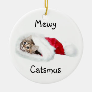 Ornamento De Cerâmica Gatinho no chapéu do papai noel