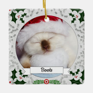 Ornamento De Cerâmica Gatinho personalizável Holly Frame