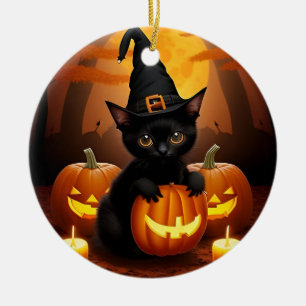 Ornamento De Cerâmica Gatinho Preto de Chapéu de Bruxa entre Abóboras de